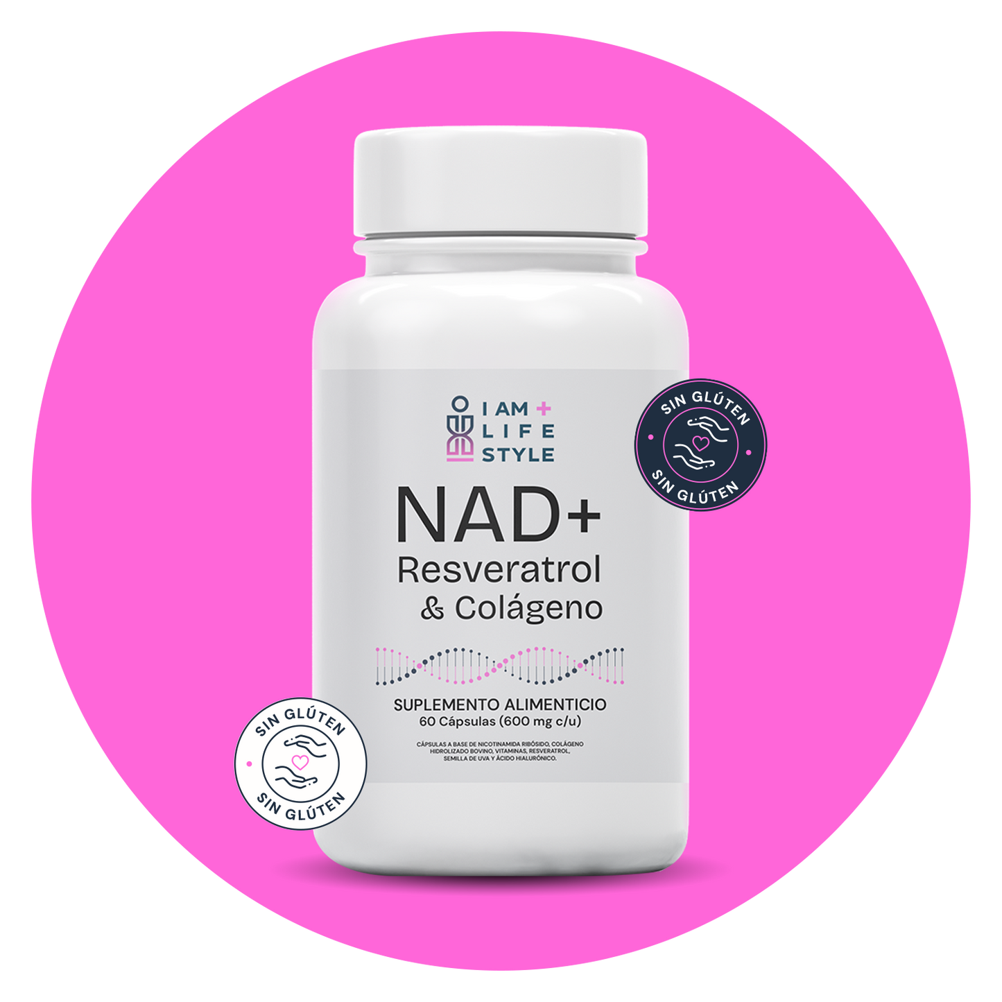 Frasco del suplemento NAD+ con resveratrol y colágeno sobre una elipse rosa