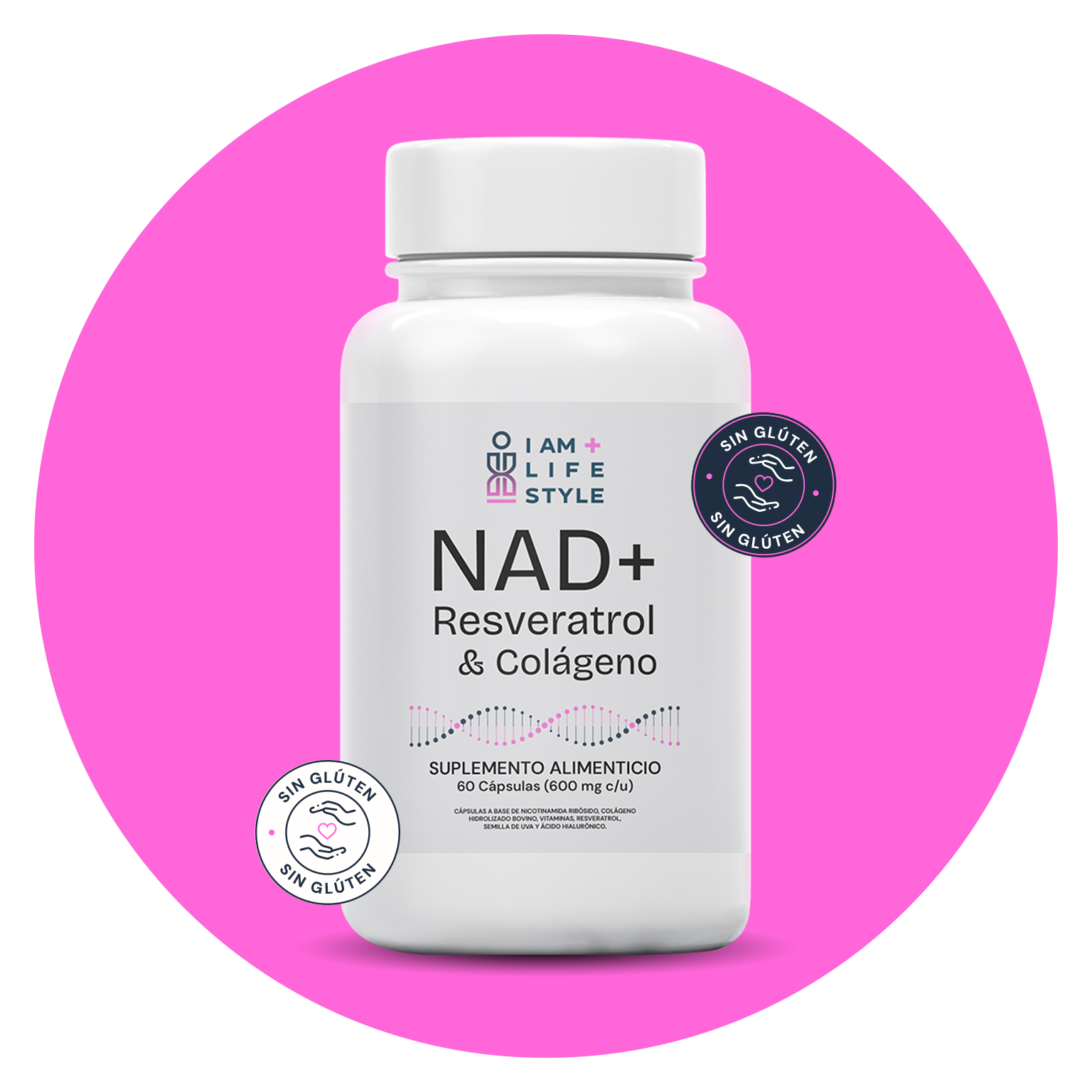 Frasco del suplemento NAD+ con resveratrol y colágeno sobre una elipse rosa